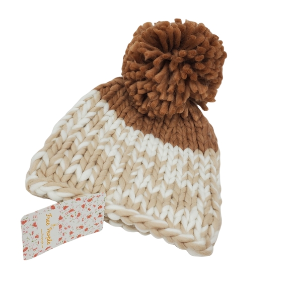 FREE PEOPLE Cozy Up Color Block Pom Beanie Oat Camel Chunky Knit Warm Fuzzy Boho - Picture 3 of 10
